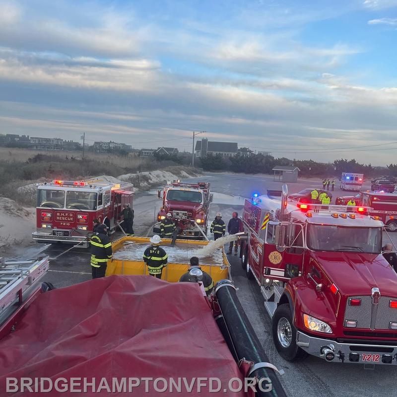 April 9, 2024: Firefighters practiced tank drafting operation down at Sagg Main Beach during our monthly drill on Monday evening. We had to pack up quickly when we received a report of a vehicle fire north of Montauk Highway, which turned out to be a minor incident. 