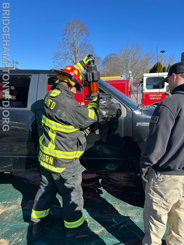 March 2025: The Rescue Squad spent a recent Sunday morning learning about battery-powered Holmatro tools. Thank you to Joe Vinciguerra, the Holmatro sales representative, for the demo and hands-on training, organized by Rescue Captain Brian Murphy. A big thanks to Elisha Osborn, Rescue’s Assistant Captain, for donating a truck so members were able to put these tools to good use.
