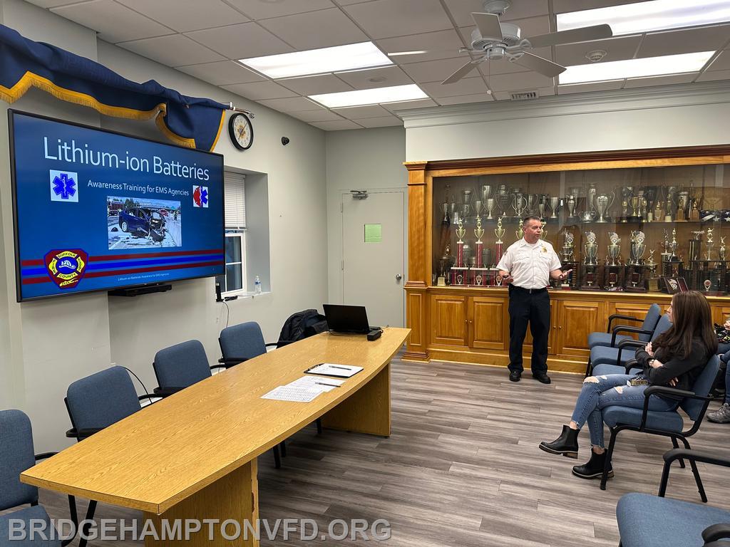March 2024 Chief Walter Dunn of the Suffolk Fire Academy presented a new Lithium-ion Batteries Awareness class for EMS providers at the Bridgehampton Fire Department Tuesday night. About 30 people attended the class, including members from neighboring EMS agencies, to learn more about the risks lithium-ion batteries pose, what types of injuries EMS personnel can expect to see from fires and explosions involving and how to best treat patients exposed to these hazards.