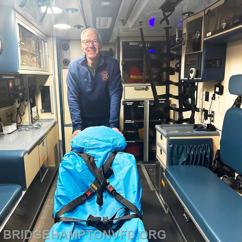 April 2024. Ed McAniff, a member of the EMS Company, is our newest EMT-B.  Now retired, he joined the department last year as a way to get more involved in the community (He also volunteers with the Bridgehampton Child Care and Recreational Center’s food pantry). He signed up for the Suffolk EMS class offered in Sag Harbor this past fall. The class ended in March and he sat for the New York State exam last week. Congratulations, Ed! 