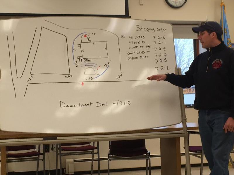April 2018 BHVFD 2nd Assistant Chief Mark Balserus reviews &quot;Fire in Progress&quot; Department Drill with department members. 