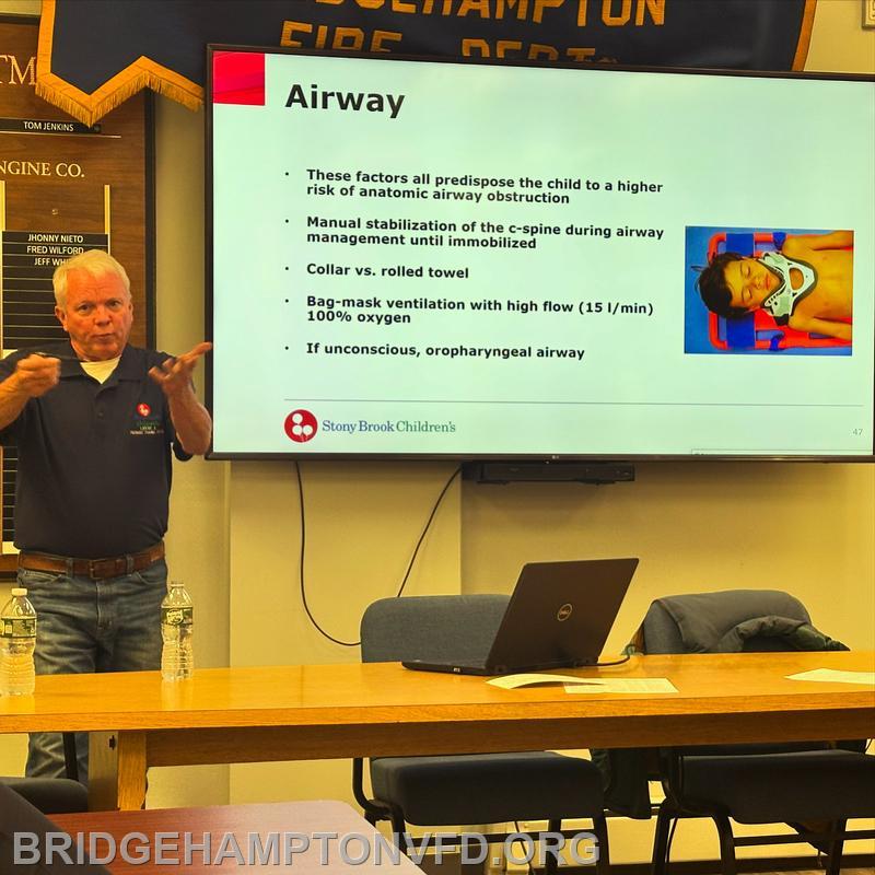 10/15/24 Stony Brook Children’s Pediatric Trauma Service came out to Bridgehampton Fire Department Wednesday night to provide pediatric trauma education to emergency medical personnel. Richard J. Scriven, the pediatric trauma medical director, Christine Russo, a nurse practitioner with the pediatric trauma service, and Randi Peralta, a paramedic educator with Stony Brook’s Division of Emergency Medical Services reviewed past calls and presented the latest best practices to help improve care in the field. Thank you Stony Brook Medicine for offering this educational training.