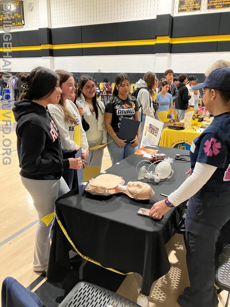 April 2025. Thanks to the Bridgehampton School for inviting us to career day!  
EMS personnel Ed McAniff, Nancy Cooper and Gabriella Monteiro explained what it’s like to work on an ambulance, and taught life-saving hands-only CPR to the (hopefully) next generation of first responders! 