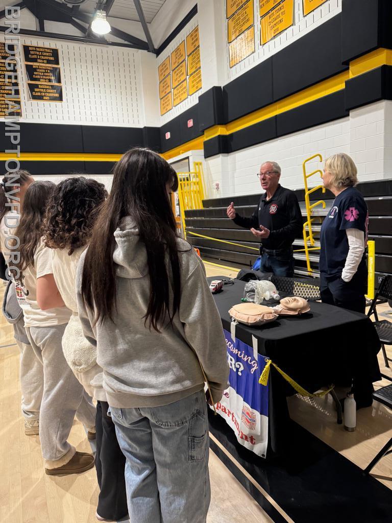 April 2025. Thanks to the Bridgehampton School for inviting us to career day!  
EMS personnel Ed McAniff, Nancy Cooper and Gabriella Monteiro explained what it’s like to work on an ambulance, and taught life-saving hands-only CPR to the (hopefully) next generation of first responders! 