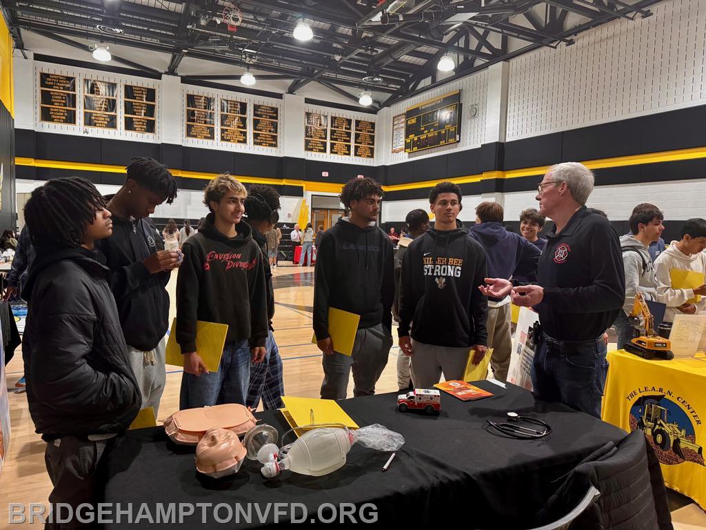 April 2025. Thanks to the Bridgehampton School for inviting us to career day!  
EMS personnel Ed McAniff, Nancy Cooper and Gabriella Monteiro explained what it’s like to work on an ambulance, and taught life-saving hands-only CPR to the (hopefully) next generation of first responders! 